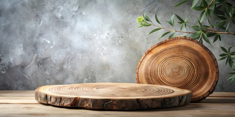 Poster - Rustic Wooden Display With Natural Greenery and Textured Background