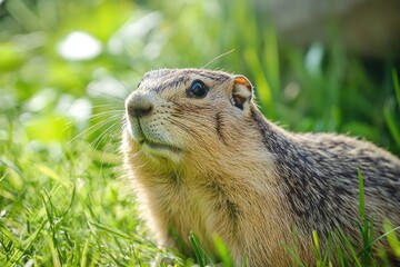 Wall Mural - A close-up image of a ground squirrel sitting upright in tall grass