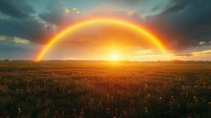 Sunset rainbow over wildflowers field