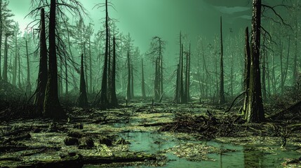 Wall Mural - a haunting swamp scene features tall, dead trees silhouetted against an eerie green light. the water