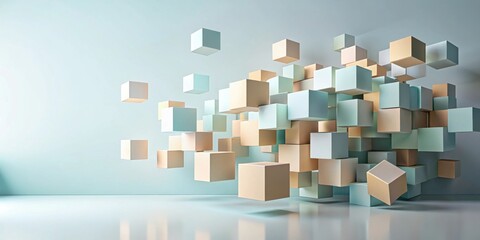 Fototapete - A cluster of pastel-colored cubes hovers in mid-air, suspended against a soft blue backdrop, creating a captivating and abstract composition.