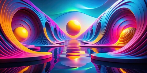 Fototapete - A psychedelic landscape of undulating geometric shapes, vibrant hues, and shimmering reflections, creating an otherworldly and mesmerizing experience.