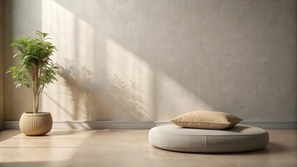 Aufkleber - Minimalist Interior Design Featuring a Round Cushion with a Soft Pillow, Bathed in Warm Sunlight, Against a Neutral Wall with a Green Plant in a Woven Basket