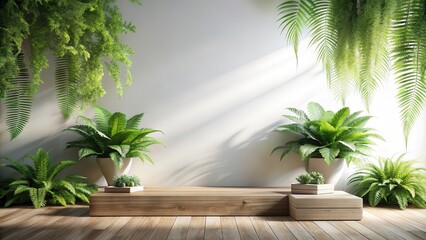 Poster - Minimalist wooden platform with lush greenery, a natural backdrop for showcasing products or displaying art