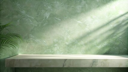 Aufkleber - A Minimalist Marble Shelf Against a Green Textured Wall with Sunbeams Streaming Through a Window