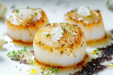 Wall Mural - Fresh scallops served on a white plate with a savory sauce, perfect for a seafood dish or appetizer