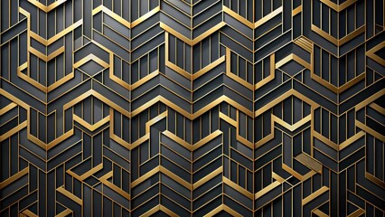 Fototapete - A Geometric Pattern of Interlocking Black and Gold Shapes, Creating an Intricate Design with a Modern Art Deco Aesthetic