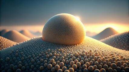 Poster - A Large, Frosted Sphere Rests Atop a Field of Smaller Spheres, Bathed in the Warm Light of a Setting Sun