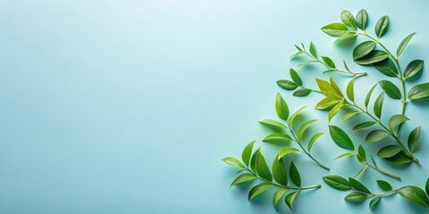 Poster - Fresh Green Leaves Arranged on a Light Blue Background