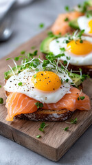 Wall Mural - Delicious poached eggs on rye bread topped with avocado, salmon, and sprouts, presented on a wooden board with natural lighting. canapés, sandwich, breakfast