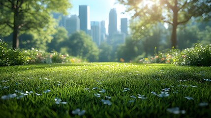 Wall Mural - Cityscape sunrise park flowers grass nature background