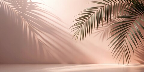Poster - Palm Leaf Shadows Cast on a Peach Wall with a Minimalist Platform