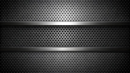Fototapete - A Black Metal Surface with Brushed Finish and Perforated Holes with Two Horizontal Brushed Metal Stripes