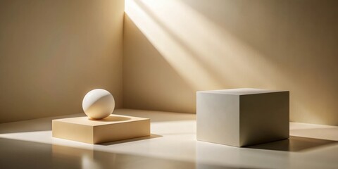 Poster - Minimalist Studio Setup with a Sphere on a Platform and a Cube in Soft Lighting