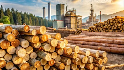 Aufkleber - Stacks of freshly cut logs ready for processing at a lumber mill, with a factory in the background, bathed in the warm glow of the setting sun