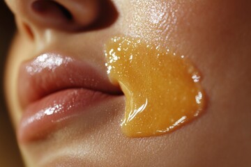 Wall Mural - A close-up shot of a woman's face with honey applied to her cheek