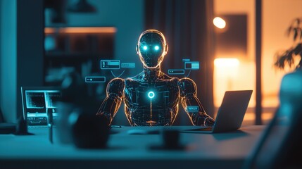 Futuristic Robot Working at Night