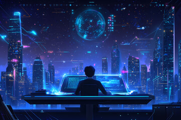 vector illustration of a focused software developer coding on a computer
