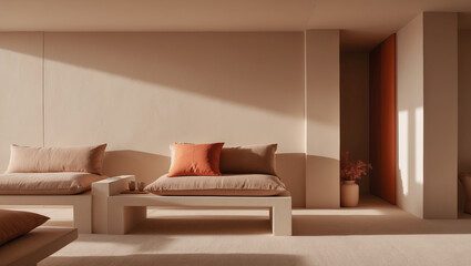 Cozy minimalist interior with natural light illuminating soft seating and decor elements in a tranquil space