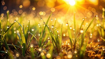 Aufkleber - Morning Dew on Blades of Grass Glowing in the Warm Golden Light of the Rising Sun