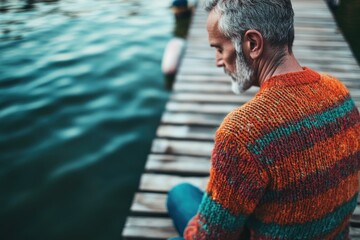 Sticker - A person sits on a dock overlooking calm waters, possibly enjoying the scenery