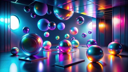 Fototapete - A vibrant display of iridescent spheres floating in a futuristic, neon-lit space with reflective surfaces and abstract light patterns.