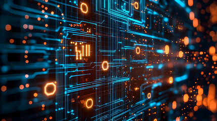 Wall Mural - abstract digital circuit board with glowing lines and nodes, showcasing technology