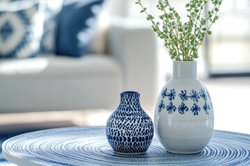 Wall Mural - A decorative table with two vases in shades of blue and white, perfect for a modern living room or dining area