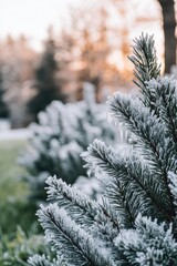 Wall Mural - A bunch of evergreen pine trees covered in thick layer of fresh snow, perfect for winter landscape or seasonal decorations