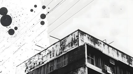 Aufkleber - Abandoned and decaying industrial building with weathered concrete and steel facade set against an urban landscape  The structure shows signs of neglect and crumbling walls broken windows