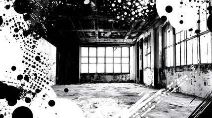 Aufkleber - Abandoned and dilapidated industrial warehouse interior featuring crumbling concrete floors broken windows and a moody atmospheric ambiance  The space conveys a sense of decay neglect
