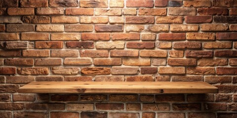 Leinwandbilder - A rustic wooden shelf extending out from an aged brick wall, illuminated by a soft overhead light.