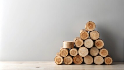 Poster - Stacked wooden rounds against a light gray background, forming a natural platform