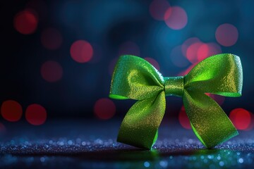 Canvas Print - A shiny green bow placed on a reflective surface