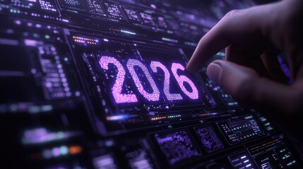 Wall Mural - hand adjusting digital display with glowing holographic numbers representing future year 2026 in fut