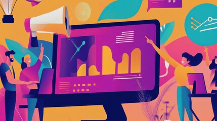Wall Mural - vibrant digital workspace with data visualization and team collaboration