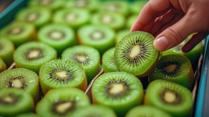 Wall Mural - A hand selects a fresh kiwi fruit from a box