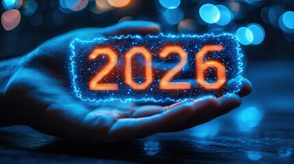 Wall Mural - digital hand holding glowing holographic number 2026 in a futuristic style with blue bokeh backgroun
