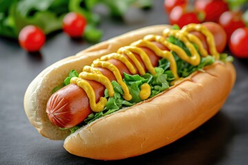 Poster - A classic hot dog served on a soft bun with yellow mustard and crisp lettuce