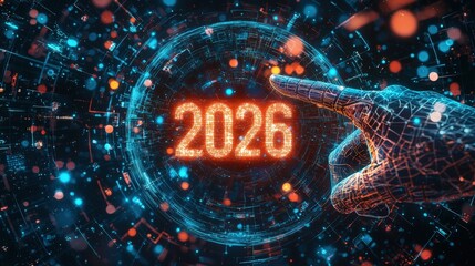 Wall Mural - digital hand pointing at glowing holographic number 2026 in a futuristic data visualization environm
