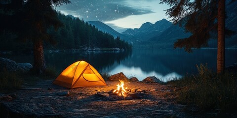 Poster - Campfire Flickering at High Altitude Campsite Under a Starry Sky in a Serene Mountain Landscape with Calm Waters and Lush Forests