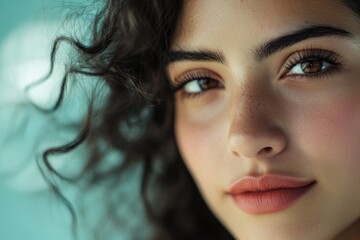 Wall Mural - A close-up shot of a woman's face with noticeable freckles on her hair