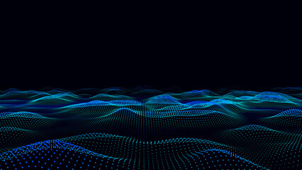 Wall Mural - abstract vector technology blue wave with motion glowing dots. dark cyberspace in digital background