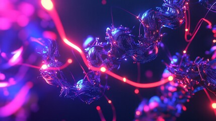 Abstract three dimensional digital sculpture with flowing luminous lines and glowing orbs