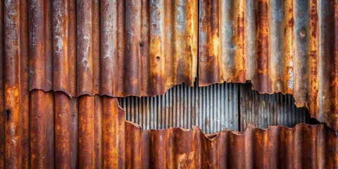 Poster - Rustic Corrugated Metal Sheet with a Ripped and Weathered Appearance, Exposing a Glimpse of the Underlying Metal