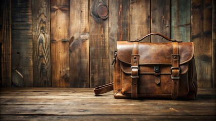 Aufkleber - A Vintage Leather Bag with Buckles Rests Upon a Weathered Wooden Surface