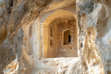 Poster - A small window in a stone wall, lit from inside the cave