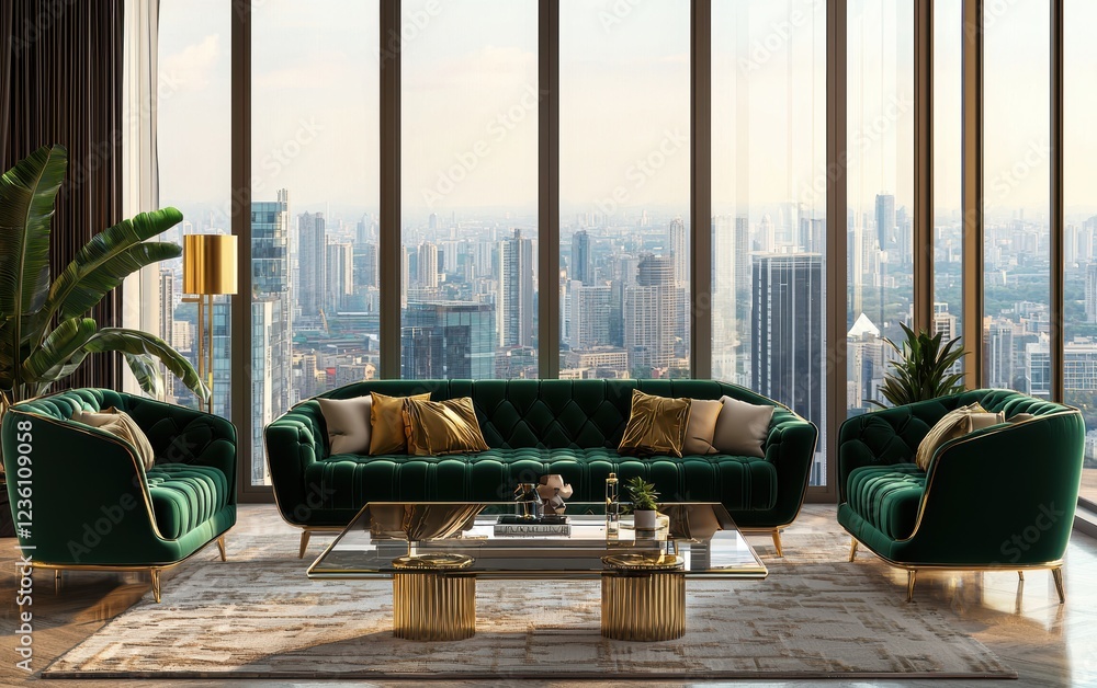 High-end penthouse living room with a velvet emerald green sofa, gold ...