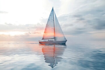 Wall Mural - a sailboat glides across the calm ocean waters as the sun sets in the sky, creating a serene and pea