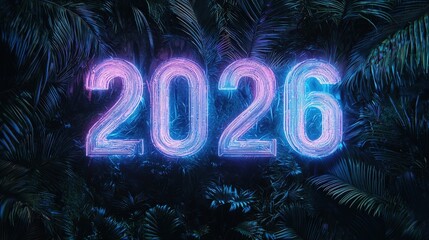 Wall Mural - bright neon numbers representing the year 2026 surrounded by lush greenery in a tropical setting
